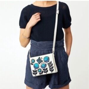 Brighton Pebbled Leather Blueprint Flower Appliqué Crossbody 6" Tall & 7.5" Wide